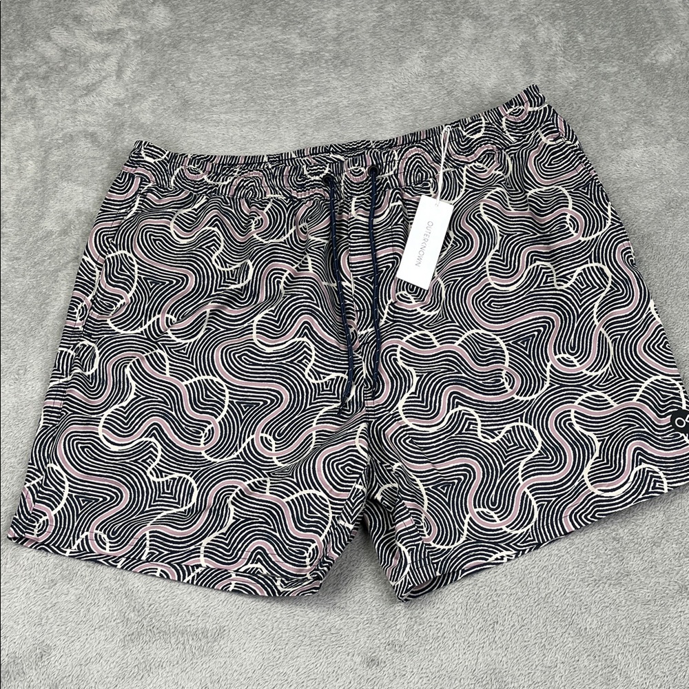 NEW Outerknown M Men's Black, White, Purple Swirl Patterned Swim Trunks